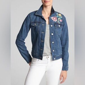 GAP Embroidered Icon Denim Jacket with Pink Yellow Floral Embroidery Sz SP